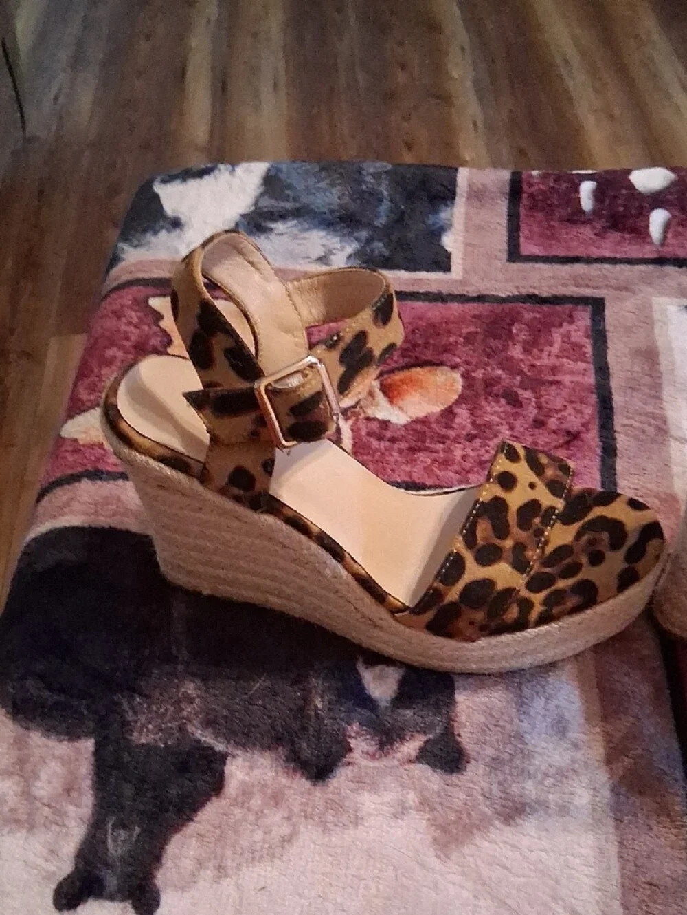 Leopard Print Espadrille Wedge Sandals with Buckle Strap - Leopard